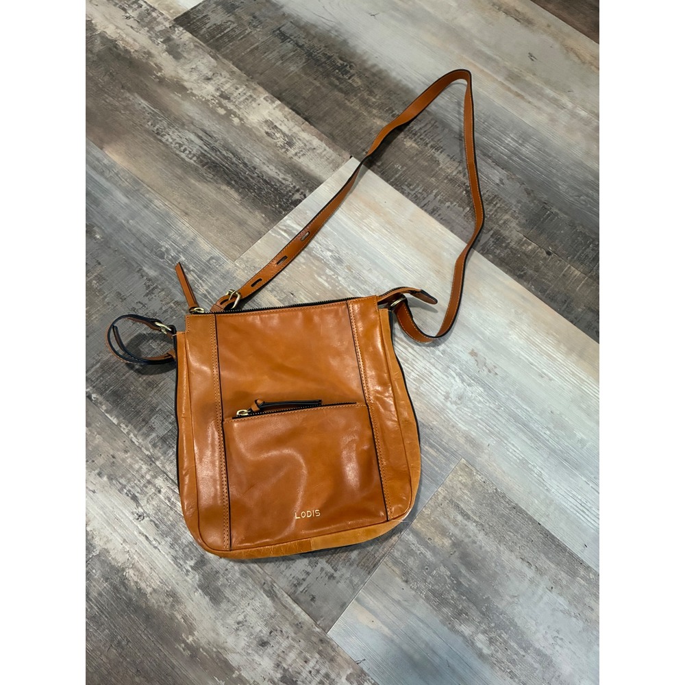 Lodis Cognac Leather Crossbody Bag Brown Zip Top Adjustable Strap Messenger